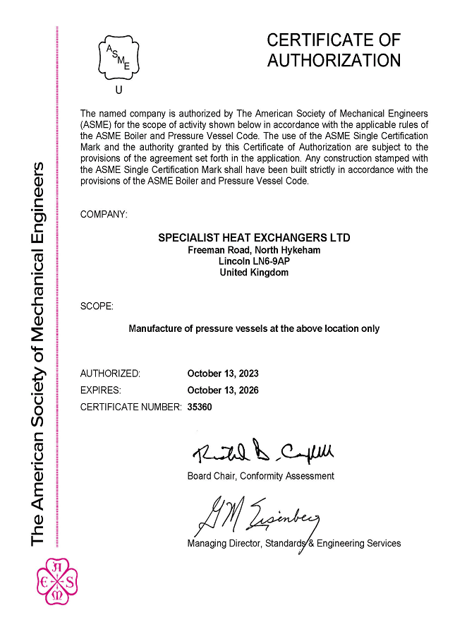 A scanned image of our ASME U Stamp certification.