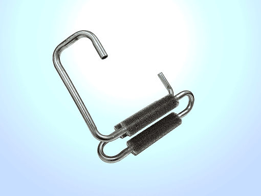 Thumbnail - Photo of a wire wound aluminium automotive heat exchanger with several bends, showing a more complex shape.